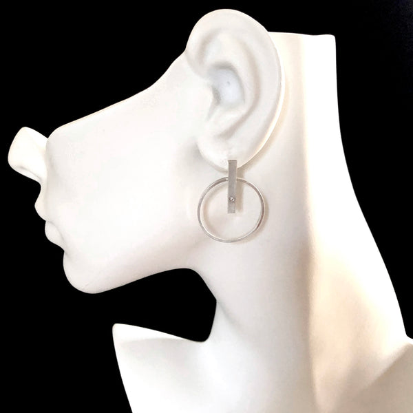 Sterling silver hoop bar earrings with diamonds by eko jewelry designs, Clem on model