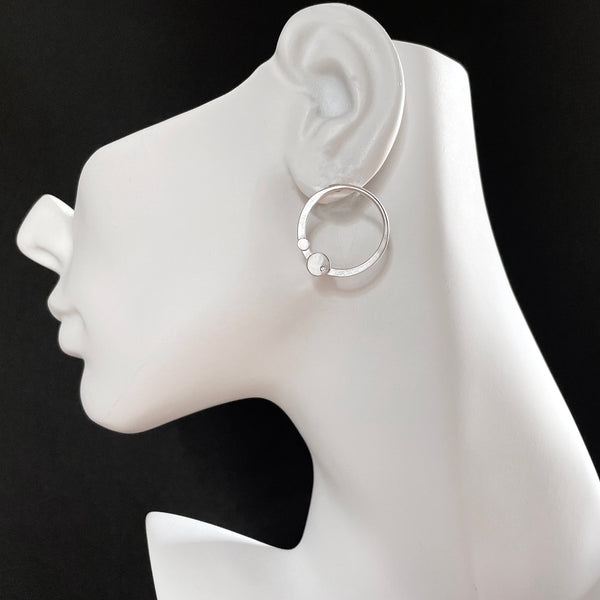 silver hoop post earrings with diamonds by eko jewelry design, Leda on model